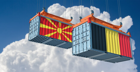 Two freight container with Belgium and North Macedonia national flag. 3D Rendering