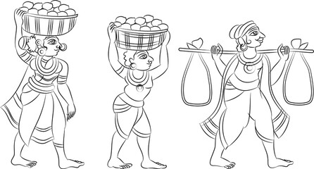 KALAMKARI Indian traditional folk art on linen fabrics. Mango sellers heading to the bazaar, for textile printing