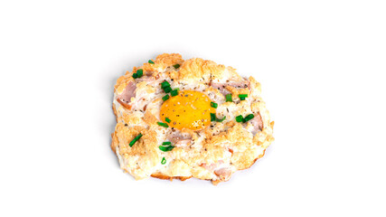 Baked eggs with parmesan and bacon isolated on a white background. Cloud eggs. Healthy breakfast