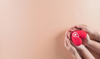 Medical and donor concepts. Hand holding a handmade red heart, a sign or symbol of blood donation...