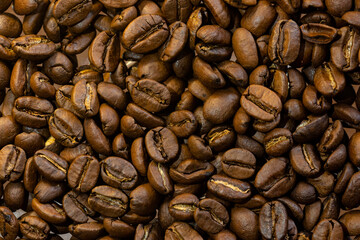 Many roasted coffee beans close up