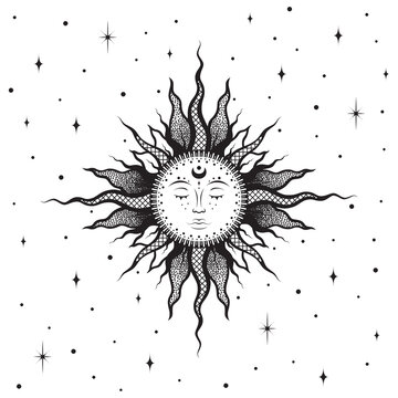 Mystical illustration. Sketch tattoo sun with a sleeping face and stars