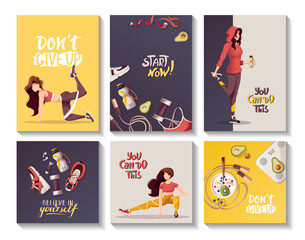 Set of cards with women doing fitness workout and hand written motivation phrases. Sport, Healthy lifestyle, Gym, Fitness, Training concept. Vector illustration for poster, banner, card, postcard.