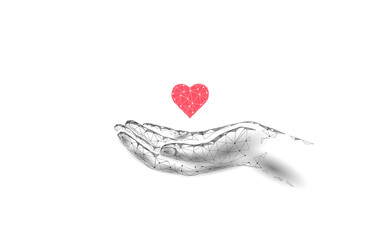 Fundraising giving heart symbol money hand. Charity volunteer giving donate social project. Finance funding dark low poly vector illustration - obrazy, fototapety, plakaty