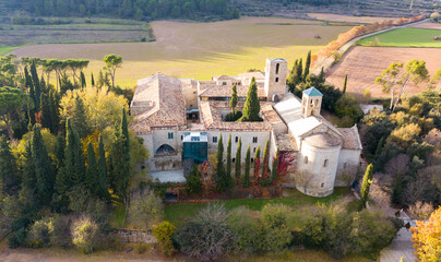 Aerial view of cultural and touristic complex Mon Sant Benet in Catalonia, Spain - obrazy, fototapety, plakaty