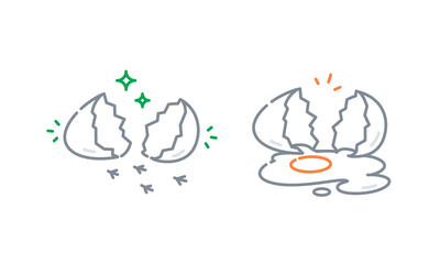 Broken chicken egg icon. Negative and positive metaphor.  The image is isolated on a white background.