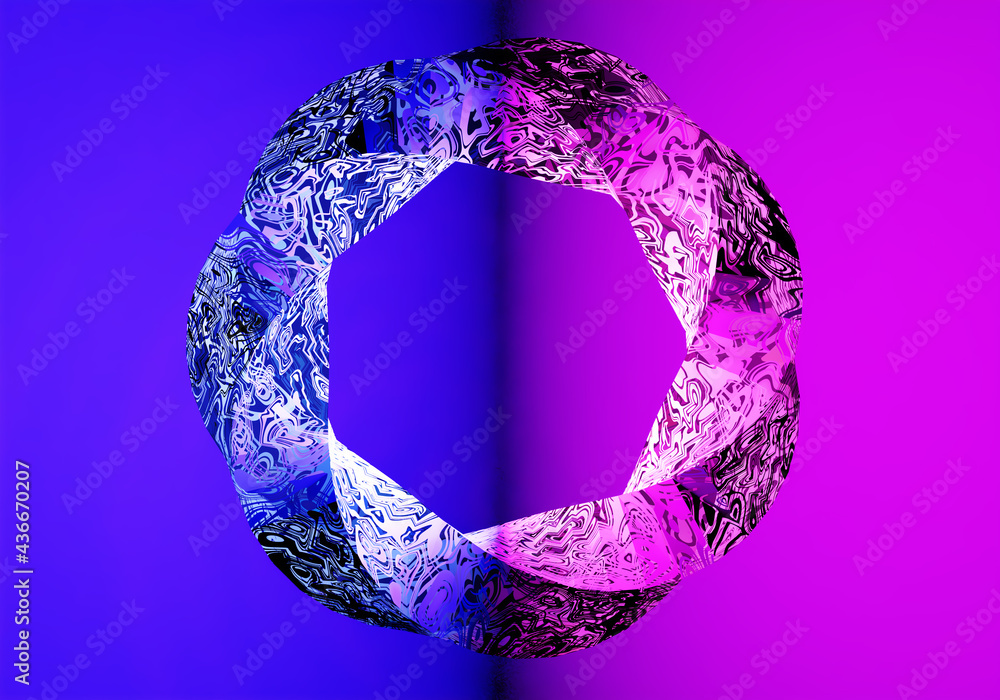 Poster geometric background 3d . blue and pink background with a ring in foreground. ring made from an abst