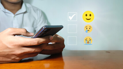 Customer Experience Concept, Best Excellent Services Rating for Satisfaction present by hand of Client pressing Five Star and smile face.