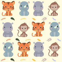 Seamless safari pattern with tiger rhino hippo and monkey