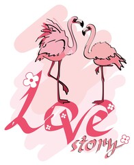 Love story. Vector illustration of pink flamingos. A pair of tropical and exotic birds.