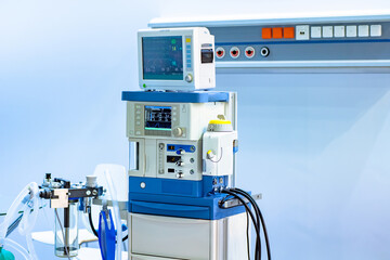Anesthesia and respiratory apparatus in intensive care. Anesthesia and respiratory apparatus on. Indicators of patient condition on monitor. Equipment for the administration of anesthetized patient