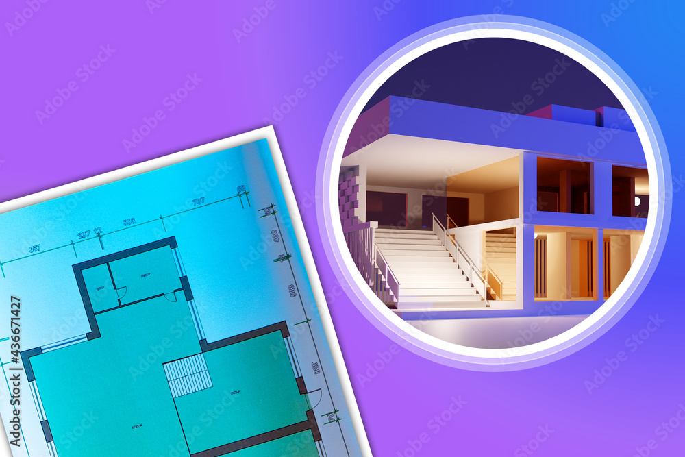 Poster creation of architectural project. development of architectural drawings. visualization of house nex