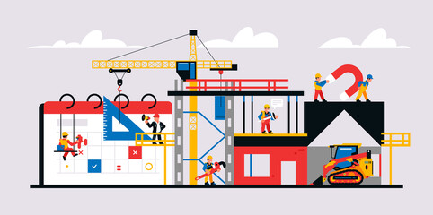 Construction site and construction planning. Unfinished building readiness calendar, equipment, machines, crane, builders, workers, tools. Vector illustration isolated on background.