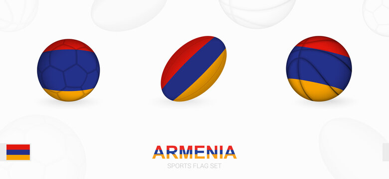 Sports icons for football, rugby and basketball with the flag of Armenia.