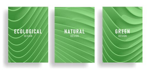Set of nature green posters covers with 3d waves forming elegant surface, trendy stylish backdrop