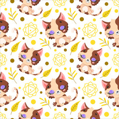 Cute cartoon farm animals meditation seamless pattern. Yoga animals pattern. Cat meditates pattern.