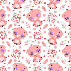 Cute cartoon farm animals meditation seamless pattern. Yoga animals pattern. Pig meditates pattern.