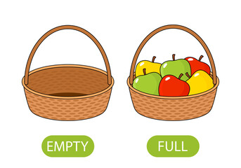 empty and full basket of apples. concept of children learning opposite adjectives.