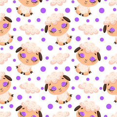 Cute cartoon farm animals meditation seamless pattern. Yoga animals pattern. Sheep meditates pattern.