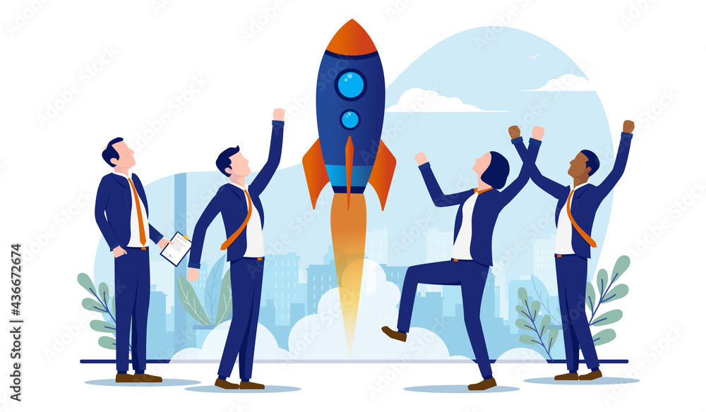 Aufkleber launching new business - team of people celebrating rocket launch. metaphor for startup and success 