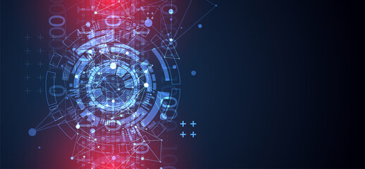 Abstract background with plexus effect. Scientific and technological concept with the use of technical elements formed in the shape of a circle.