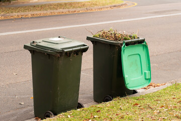 Australian garbage wheelie bins with green lids for green garden waste lined up on the street for...