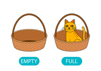 empty and full basket with a cat. the concept of teaching children the opposite adjective. © Higher than clouds