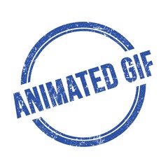 ANIMATED GIF text written on blue grungy round stamp.