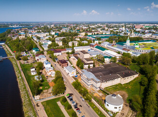 Aerial view of old Russian city of Kostroma on bank of Volga River overlooking ancient Gostiny Dvor