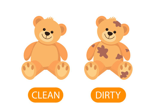 dirty and clean teddy bear plush toys. concept of children learning opposite adjectives clean and dirty.