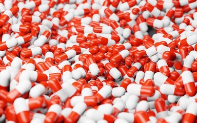 Red white capsules, pile of pills on background, pharmaceutical industry, medicine and vitamins, health care products, pharmacy and drug, antibiotics and painkillers, food supplement, 3d illustration