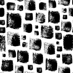 Vector seamless pattern with square brush strokes. Hand drawn abstract geometric background. Modern black and white ornament with bold and tiny square stamps. Grunge rectangles, ink illustration. 