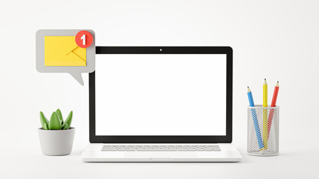 3d render of laptop with email notification icon for your mockup design