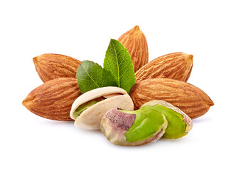 Almonds and pistachios   with leaves in closeup isolated on white background. Nuts mix.