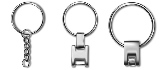 Holder trinket isolated on white background. Reallistic template metal keychain set. Trinket keyring, keyholder and breloque illustration. - obrazy, fototapety, plakaty