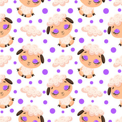 Cute cartoon farm animals meditation seamless pattern. Yoga animals pattern. Sheep meditates pattern.