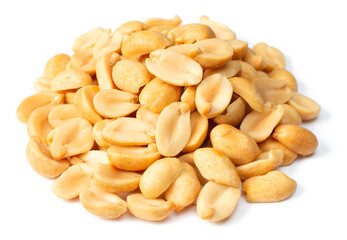 pile of roasted peeled peanuts isolated on white background