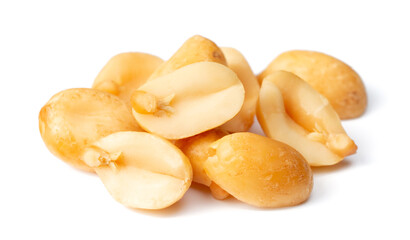 close up of roasted peanuts isolated on white background