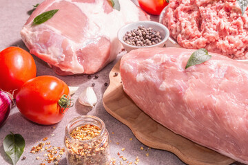 Raw pork assorted, different part cut
