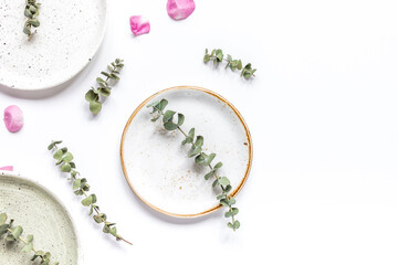 Spring trendy disign with flowers on white table background top view mock up