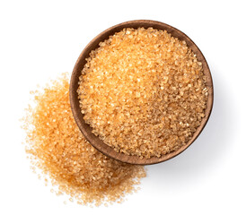 light yellow sanding sugar in the wooden bowl, isolated on white background, top view