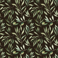 Pattern of olive tree leaves on a dark background idea for wrapping paper or wallpaper