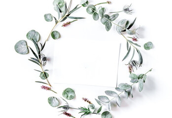 Floral pattern with green leaves on white background top view mockup