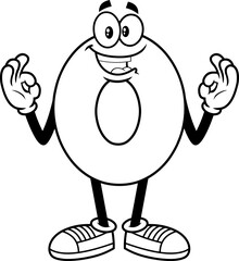 Outlined Funny Number Zero 0 Cartoon Character Showing Hands Number Zero. Vector Hand Drawn Illustration Isolated On Transparent Background