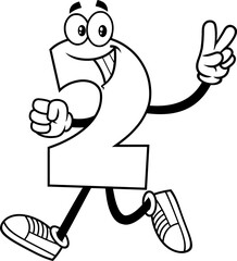 Outlined Funny Number Two 2 Cartoon Character Showing Hand Number Two. Vector Hand Drawn Illustration Isolated On Transparent Background