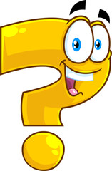 Happy Yellow Question Mark Cartoon Character Talking. Vector Hand Drawn Illustration Isolated On Transparent Background