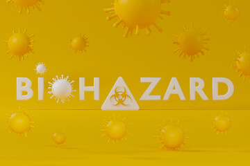 3d rendering biohazard text with symbol on yellow virus background. - obrazy, fototapety, plakaty