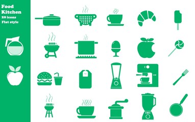 Nourriture et cuisine en 20 icônes vertes, collection - obrazy, fototapety, plakaty
