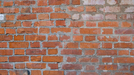 Old brick wall texture background. Backdrop of vintage dirty brick wall with peeling plaster, texture. Old stone wall, horizontal. Copy space.	