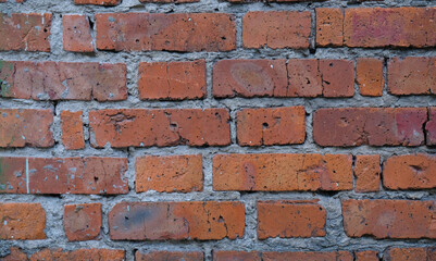 Old brick wall texture background. Backdrop of vintage dirty brick wall with peeling plaster, texture. Old stone wall, horizontal. Copy space.